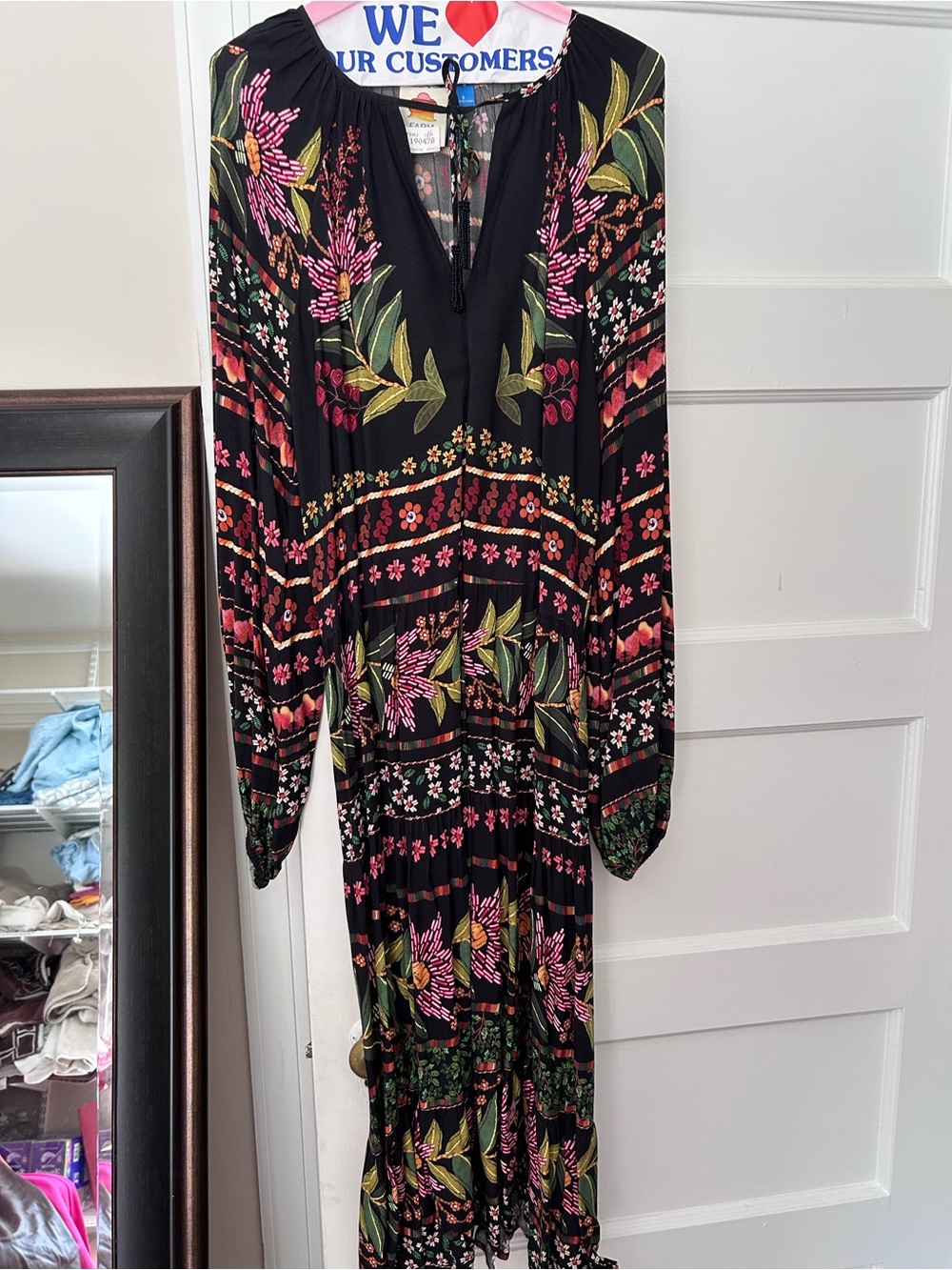 FARM Rio Black Midi Dress with Pink & Green Floral Print